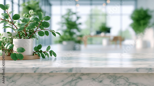 A potted plant sits on a marble countertop in a bright room