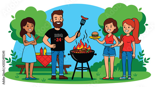 Family enjoying barbecue party in park with food and drinks picnic table and trees.