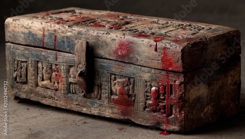 Ancient wooden box with intricate carvings and red stains, featuring detailed reliefs of figures and symbols, resting on a textured surface in a dimly lit setting
