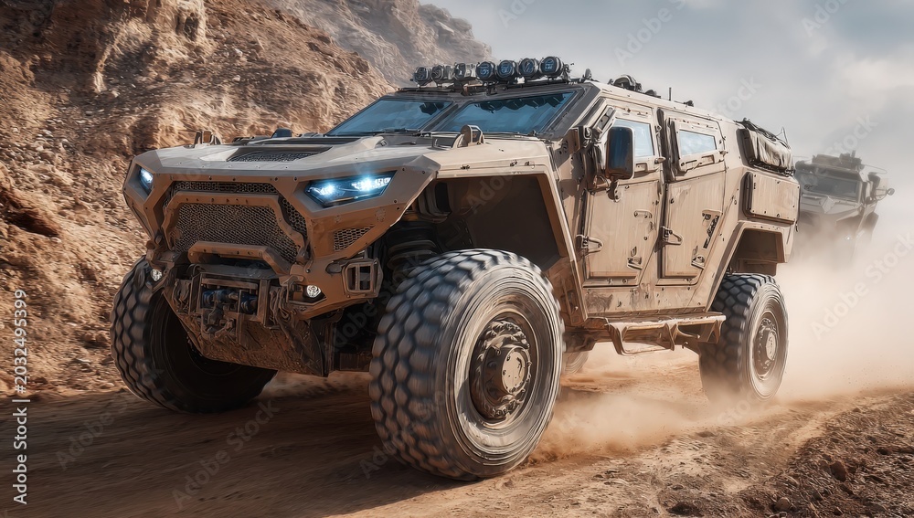 Fototapeta premium Armored off-road vehicle with large tires and advanced lighting system driving through dusty terrain in a rugged landscape with rocky formations