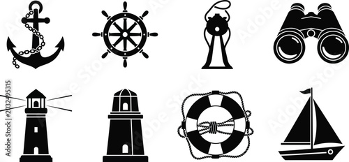 Nautical anchor, ship wheel, binoculars, lighthouse, lifebuoy, sailboat chain steering wheel