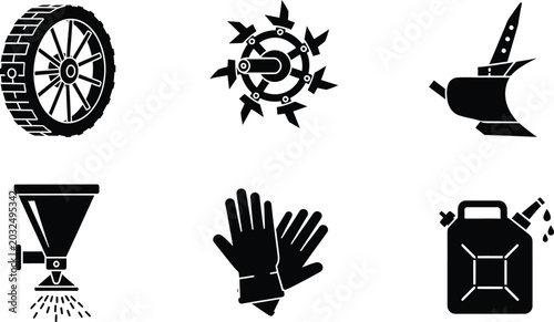 Foto Set of black depicting agricultural equipment and supplies agriculture farming w