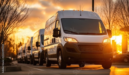 Delivery vans lined up in a parking lot during sunset, showcasing their sleek design and contrasting colors against a vibrant sky