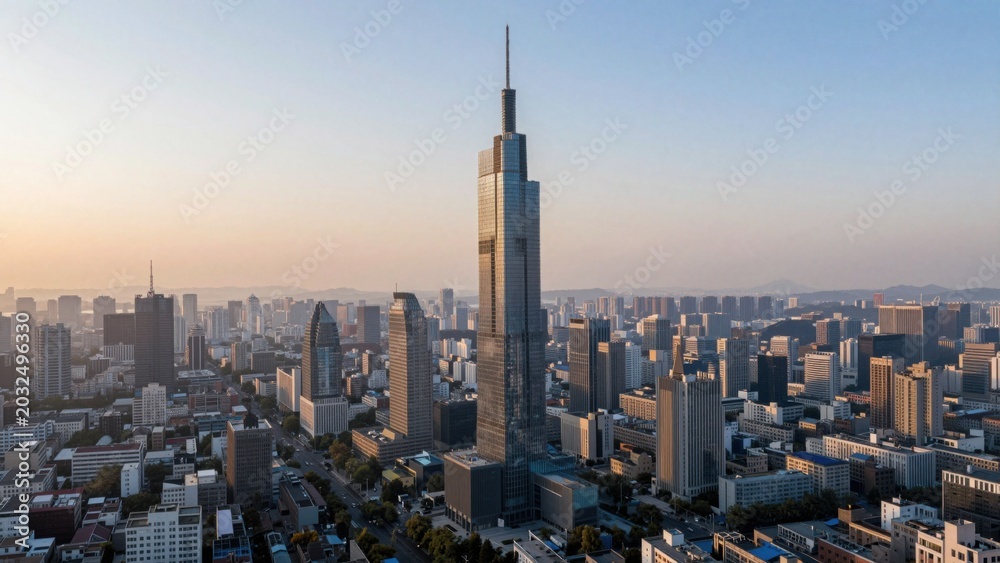 Obraz premium Modern skyscraper dominating urban skyline at sunrise