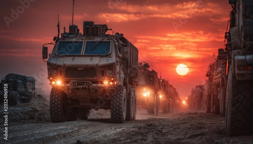 Military vehicles lined up on a dirt road during sunset, with a vibrant orange sky and sun setting in the background, creating a dramatic atmosphere