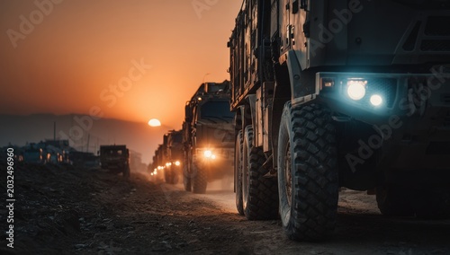 Military vehicles lined up on a dirt road during sunset, with headlights illuminated and a hazy landscape in the background