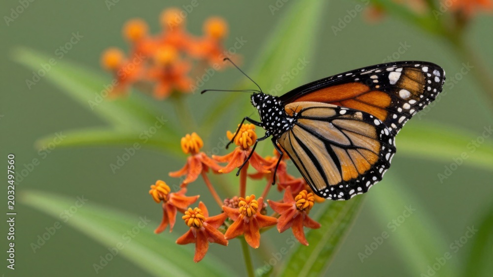 Fototapeta premium Monarch butterfly feeding on orange milkweed in green background