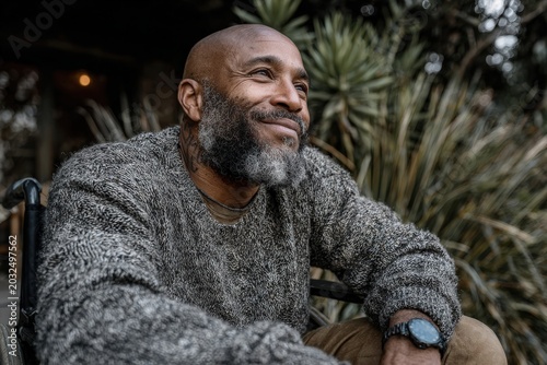 African American man with a beard wearing a gray sweater sits outdoors, smiling while surrounded by greenery and soft natural light in a tranquil setting