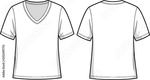 V-neck t-shirt template front and back isolated vector illustration for fashion design and apparel concept