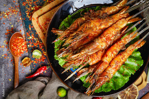 Grilled Shrimp Skewers with Spicy Chili Sauce and Fresh Lime - Seafood BBQ Cuisine