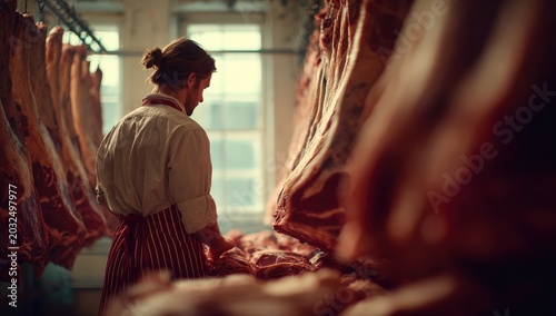 Male butcher in white shirt and apron inspects hanging cuts of meat in a well-lit butcher shop with large windows and various meat displays