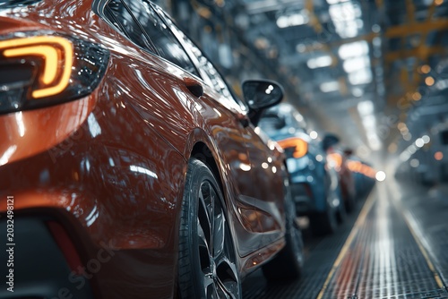 Close-up view of orange car rear wheel and tail light in automotive assembly line with blurred vehicles and industrial setting in the background