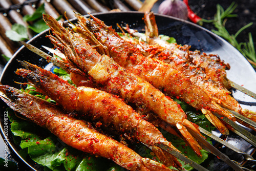 Grilled Shrimp Skewers at Beijing Night Market Food Stall - Chinese Street Food Barbecue