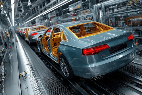 Modern automotive assembly line featuring partially assembled cars with exposed interiors and advanced machinery in a high-tech manufacturing facility