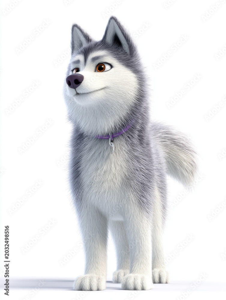Fototapeta premium Cute Husky Dog Standing And Looking Away With A Soft Smile And Purple Collar