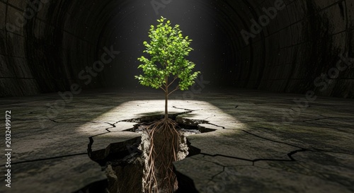 Young tree growing from cracked ground under a spotlight hope concept