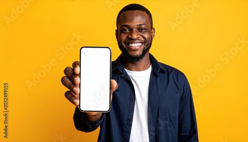A smiling man proudly presents a smartphone with a blank screen against a vibrant yellow background, inviting creative use.