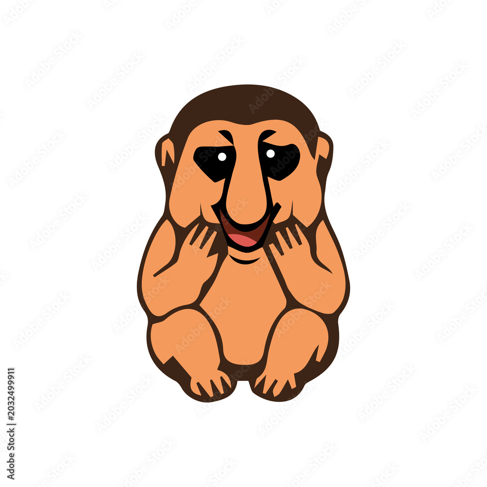 Obraz premium A cute cartoon brown proboscis monkey icon element with its signature nose, adorable expression, and clean vector style, perfect for stickers, decorations, and tropical wildlife-themed designs.
