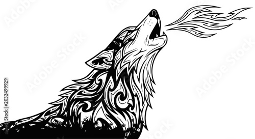 Obraz na plátně Black and white wolf howling loudly.