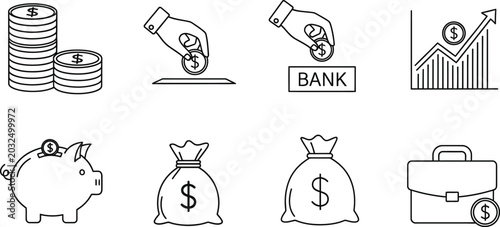 Collection of financial stacked coins, piggy bank, money bags, briefcase, graph, and hand depositing coin into bank