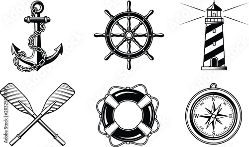 Konstfotografi Nautical anchor, ship wheel, lighthouse, oars, lifebuoy, and compass chain helm