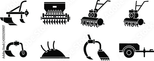 Schilderij op canvas Set of black depicting agricultural machinery and equipment agriculture farming
