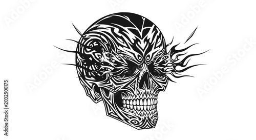 Photos Detailed tattooed skull with flames.