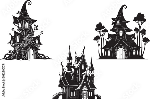 Three mystical black and white vector silhouettes featuring whimsical fairytale elf witch houses