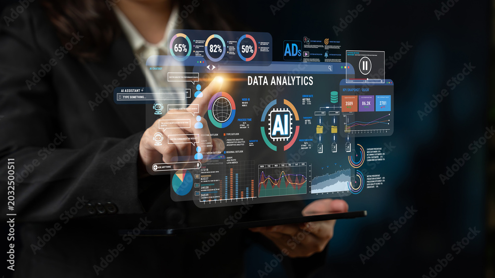Fototapeta premium Business professional interacting with futuristic data analytics interface showcasing charts, graphs, trends, and metrics in a modern office environment Fluxor.