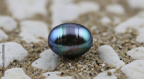 Close up of a lustrous black pearl resting on a bed of sand and coral