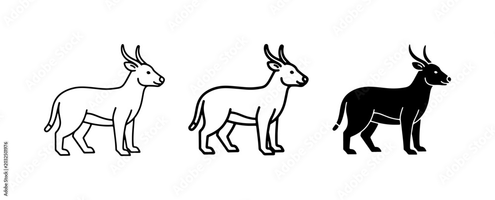 Fototapeta premium Antelope Icon Set: Outline, Silhouette, and Filled Vector Graphics