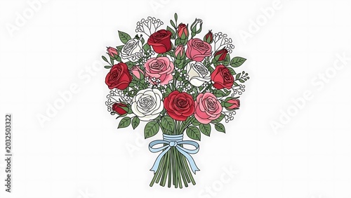 Beautiful Bouquet of Roses and Babys Breath Tied with a Blue Ribbon.