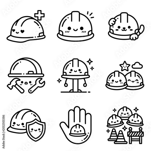 Cute cartoon character wearing hard hats.
