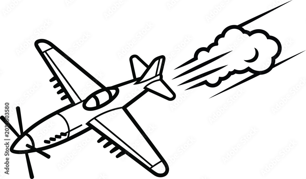 Fototapeta premium Black and white of a propeller airplane in flight, emitting smoke trails propeller plane flying aircraft