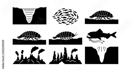 Foto Marine Life Icons: Isopods, Fish, Ocean Trench, Volcanoes, Ecosystems, Biology V