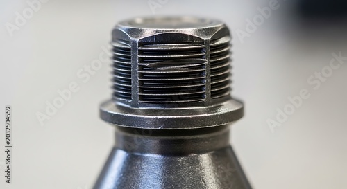 Close up of a metal bolt with threaded shaft and hexagonal head detail