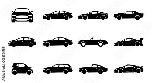 Foto Diverse Car Silhouettes Collection, Automotive Icons Set, Vehicle Vector Graphic