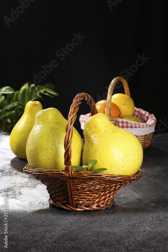 Fresh Yellow Pomelo Citrus Fruits from Guangxi China in Wicker Baskets - Sweet Juicy Citrus