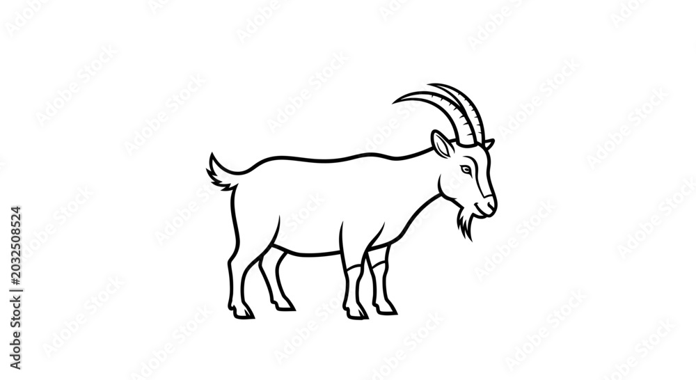 Fototapeta premium Goat illustration, stylized outline drawing, farm animal, white background