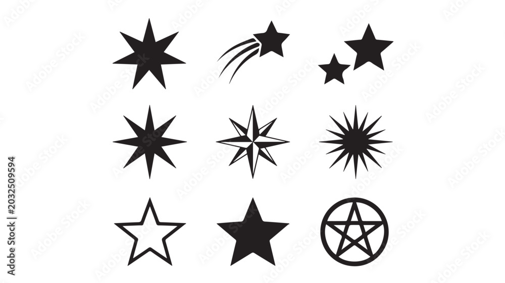 Obraz premium Stars of various geometric shapes and celestial designs are arranged in a clean grid pattern.