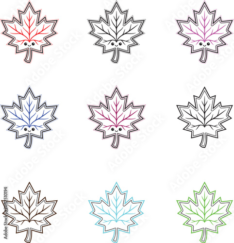 Colorful cartoon maple leaves in various colors and designs