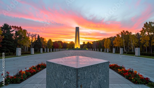 Stunning Sunset Over National Military Cemetery Memorial Tower.