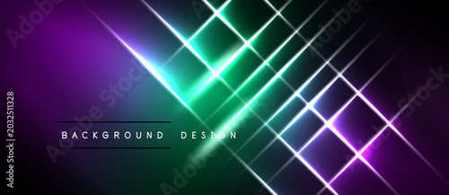 Vibrant neon lines intersect over dark purple, green gradients. Modern abstract background design with glowing effects. Simple text reads background design.