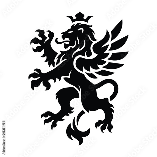 Lion with wings and a crown stands in a rampant heraldic pose representing nobility, power, and prestige.
