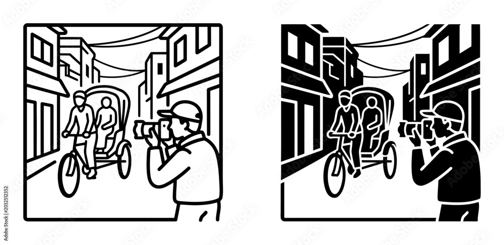Obraz premium 20 Photographer icons, camera man taking pictures, outline solid styles, UI and web interface design