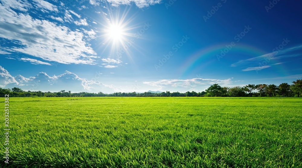 Naklejka premium Vibrant Green Meadow Under a Brilliant Blue Sky with a Radiant Sun and Gentle Rainbow