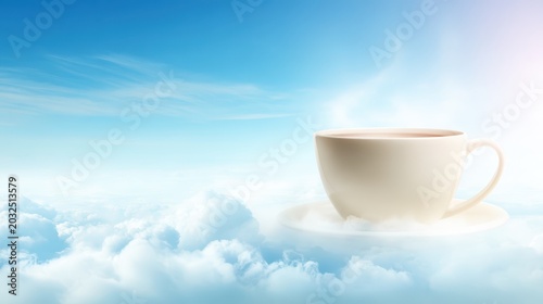 Coffee cup floats in surreal cloudscape coffee mug on saucer hovers among fluffy white clouds