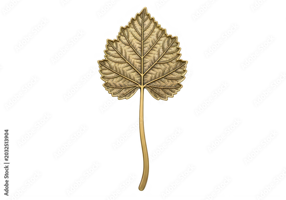 Fototapeta premium Golden metal leaf sculpture on white background decorative plant artistic design element transparent background