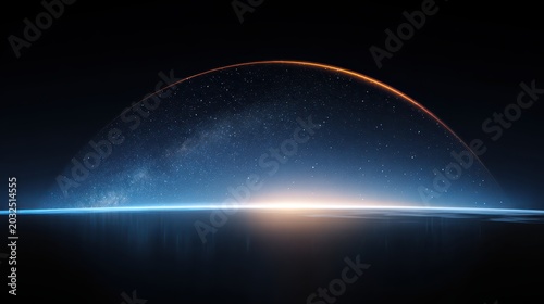 Stunning planet horizon view with milky way galaxy stars and radiant atmospheric glow in deep space cosmos digital art background