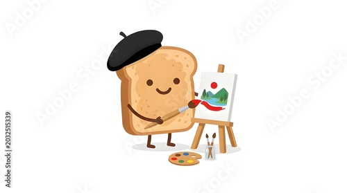 Charming toast character with happy face wearing beret, painting scenic landscape on easel with brush and palette, symbolizing creativity, art, and culinary delight.